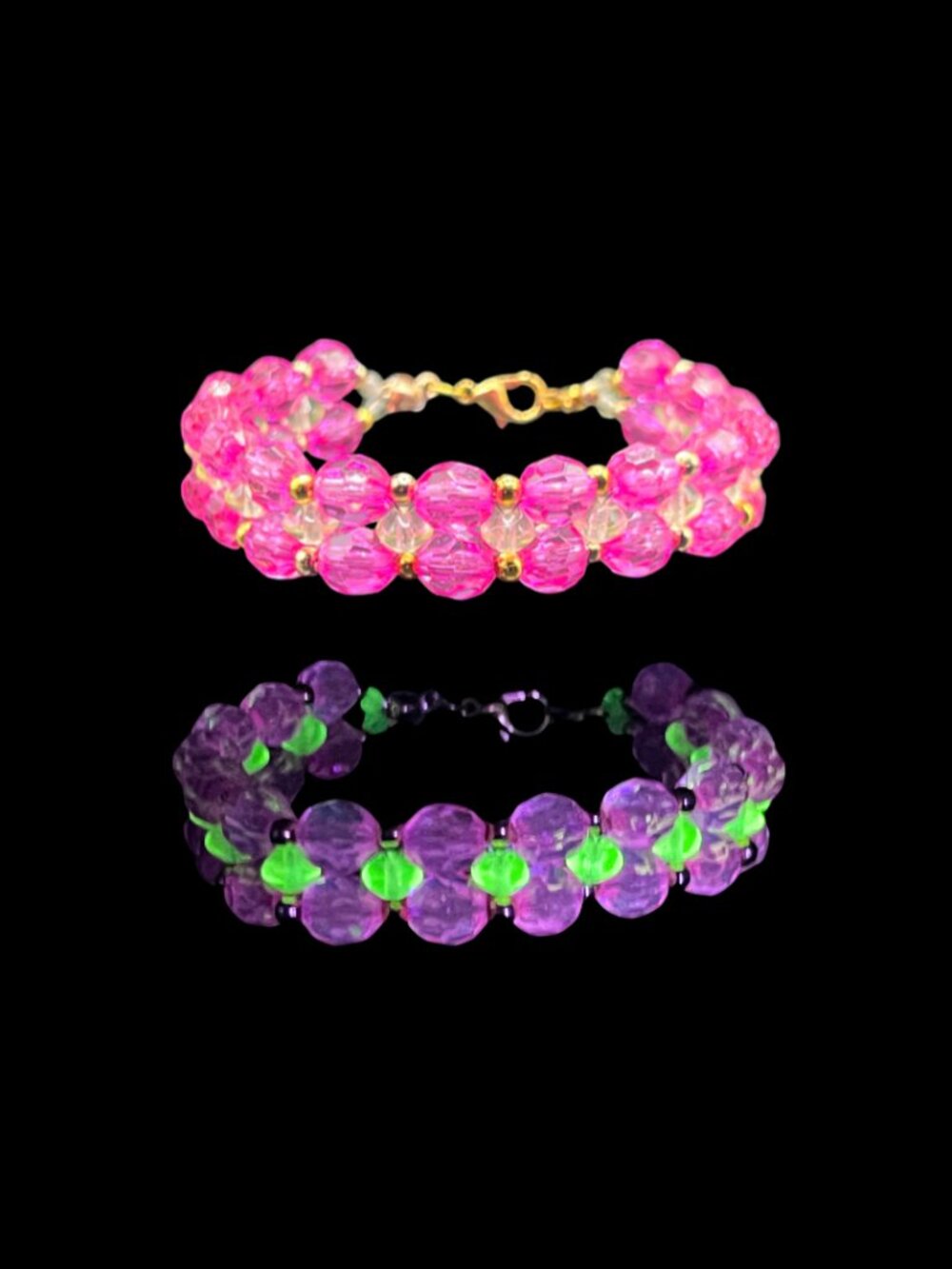 Handmade Uranium Glass Beaded Bracelet Dark Pink or Fuchsia Bracelet 7"